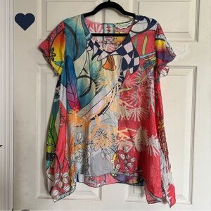 Johnny Was Silk Y2K Early 2000s Multicolor Abstract Art To Wear Top